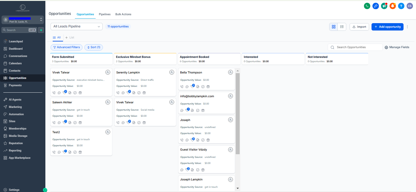 GoHighLevel sales pipeline board with custom stages and deal automation set up for a service business