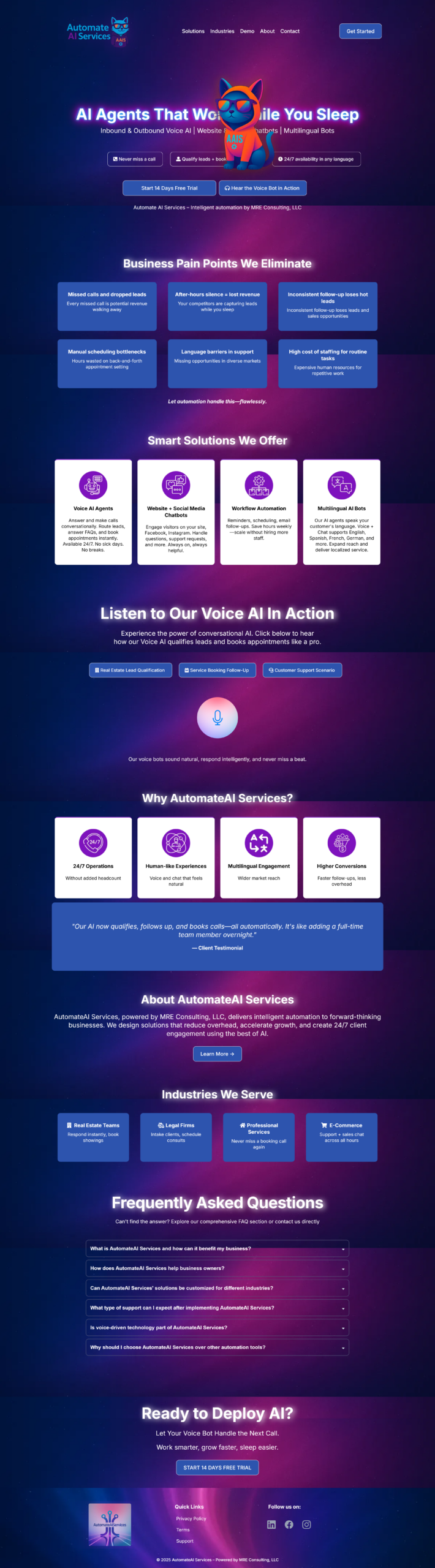 Automate AI Services funnel page offering inbound and outbound voice AI agents and multilingual website chatbots
