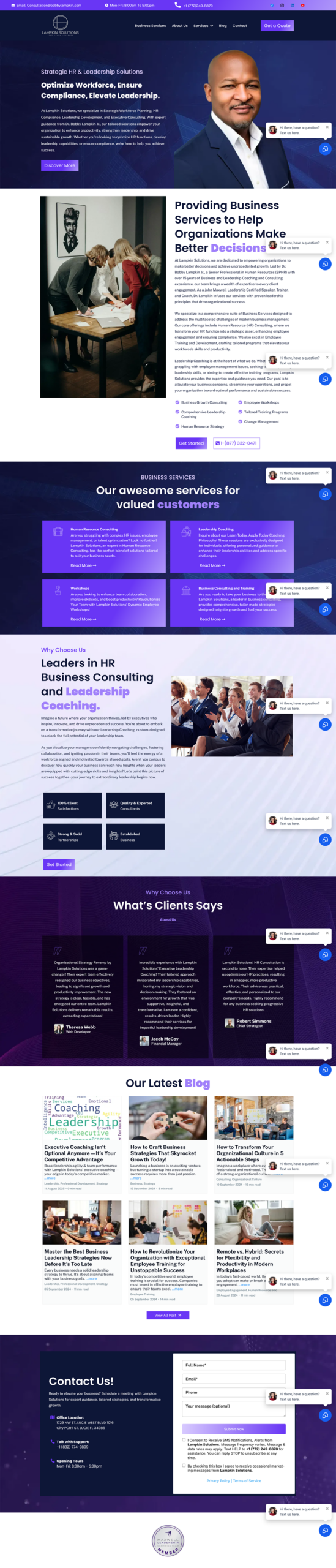 Lampkin Solutions HR and leadership consulting website built on WordPress with service pages and an enquiry chat widget