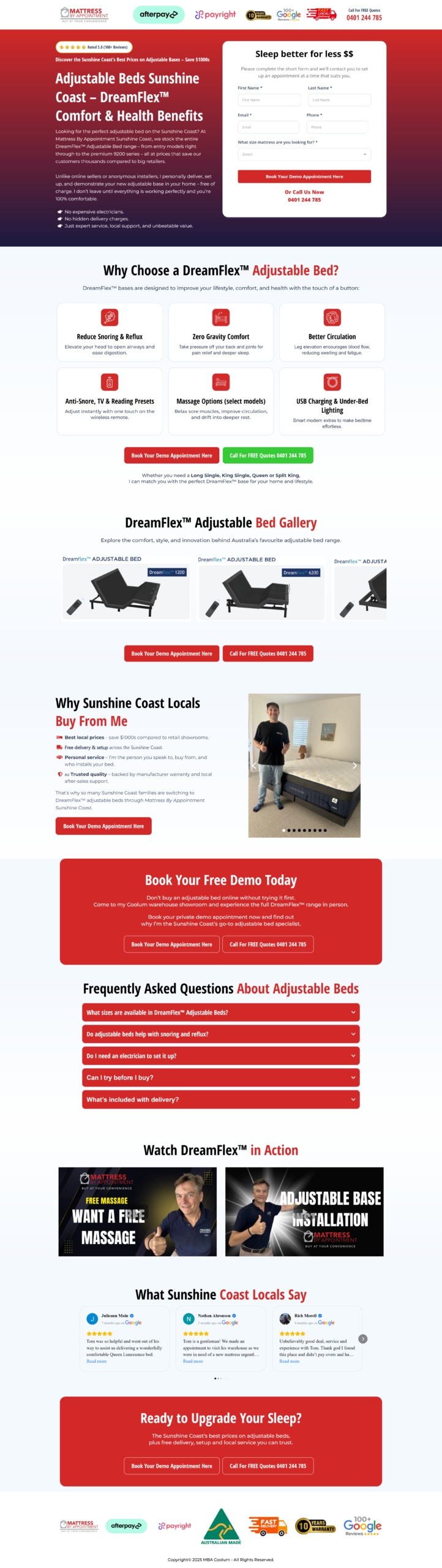 DreamFlex adjustable beds landing page for a Sunshine Coast retailer with an appointment booking form