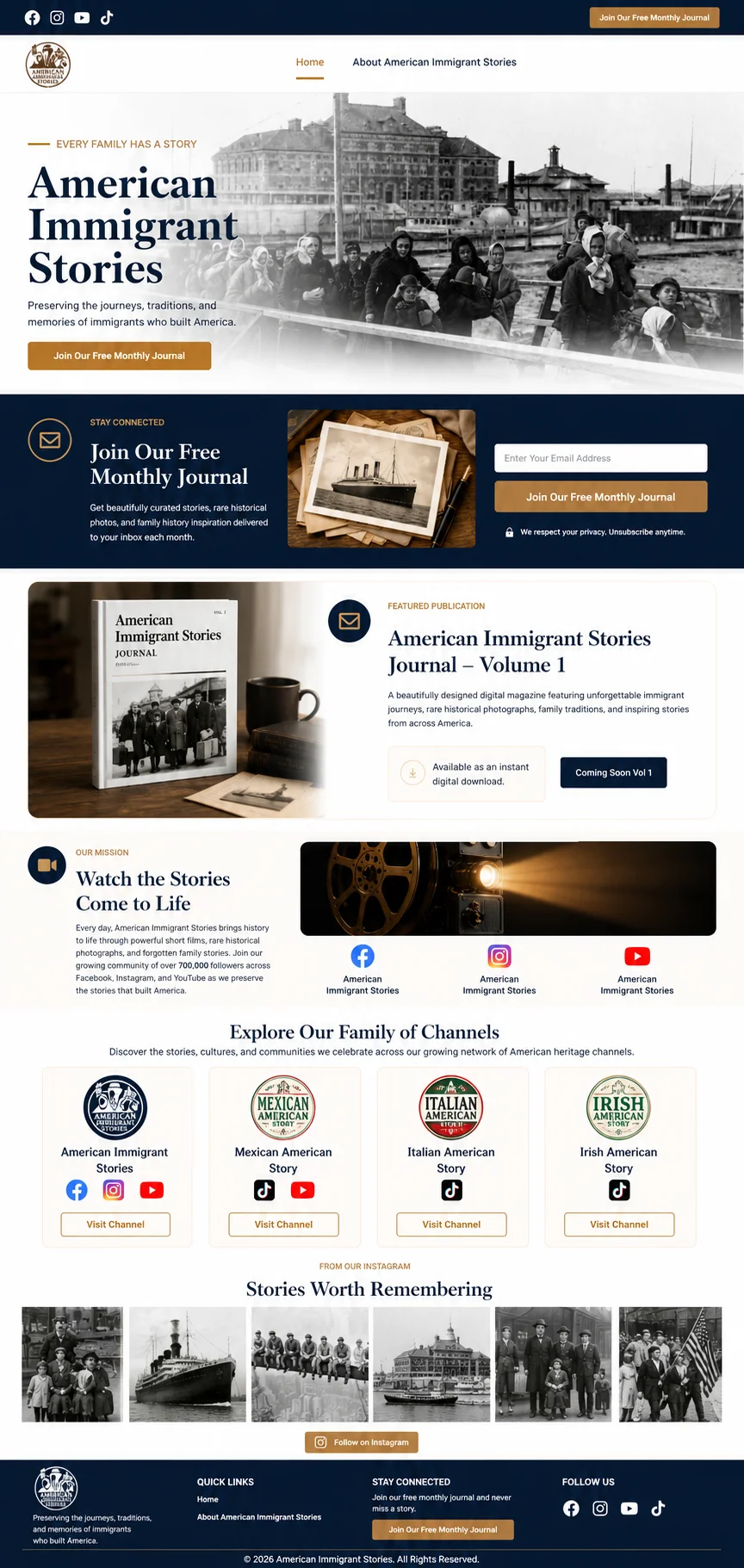 Nonprofit Storytelling Site — Editorial site for a heritage project, built around long-form stories and a newsletter signup.