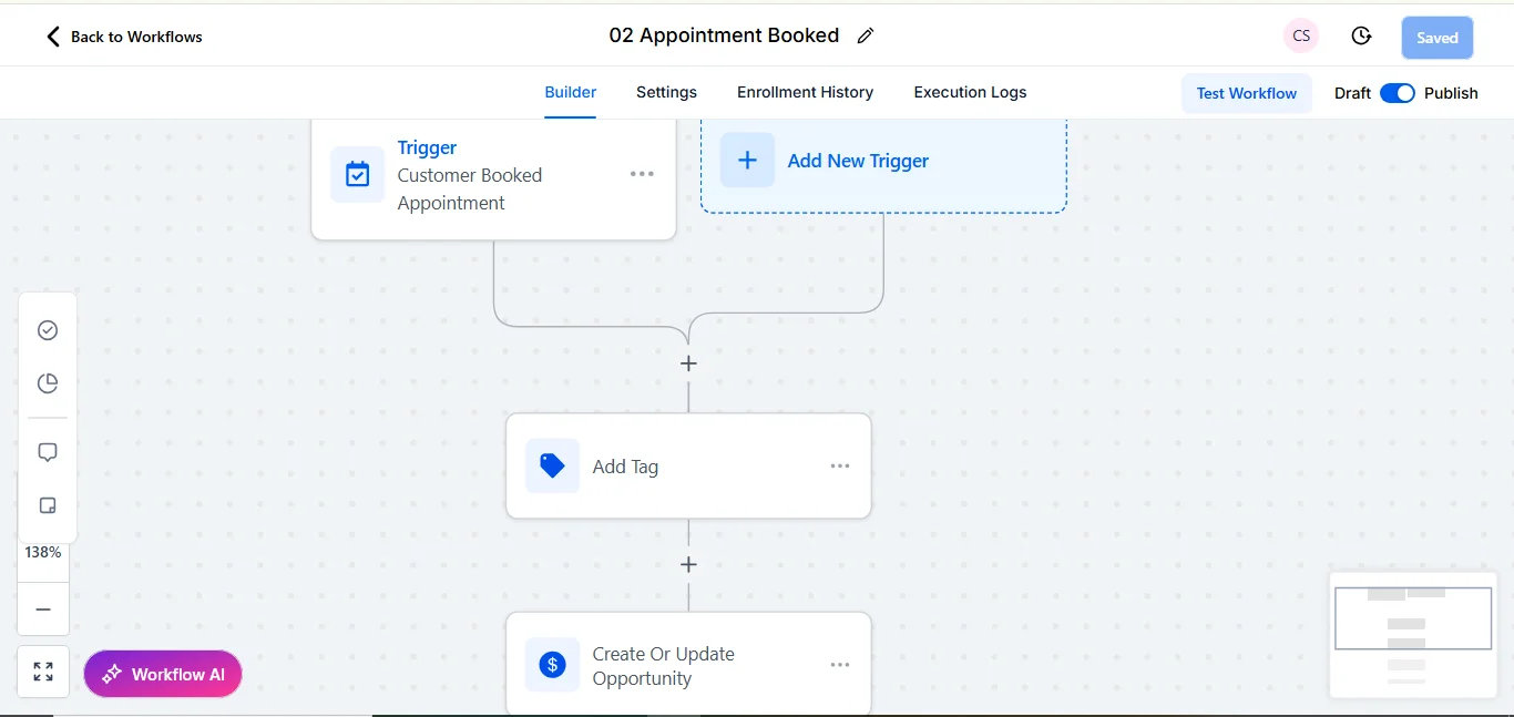 Appointment Booked Workflow — Booking a slot tags the contact, opens the opportunity and starts the reminder chain.