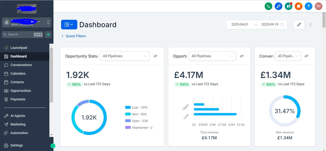 CRM Pipeline Dashboard — Live pipeline reporting: opportunity value, conversion rate and stage breakdown.
