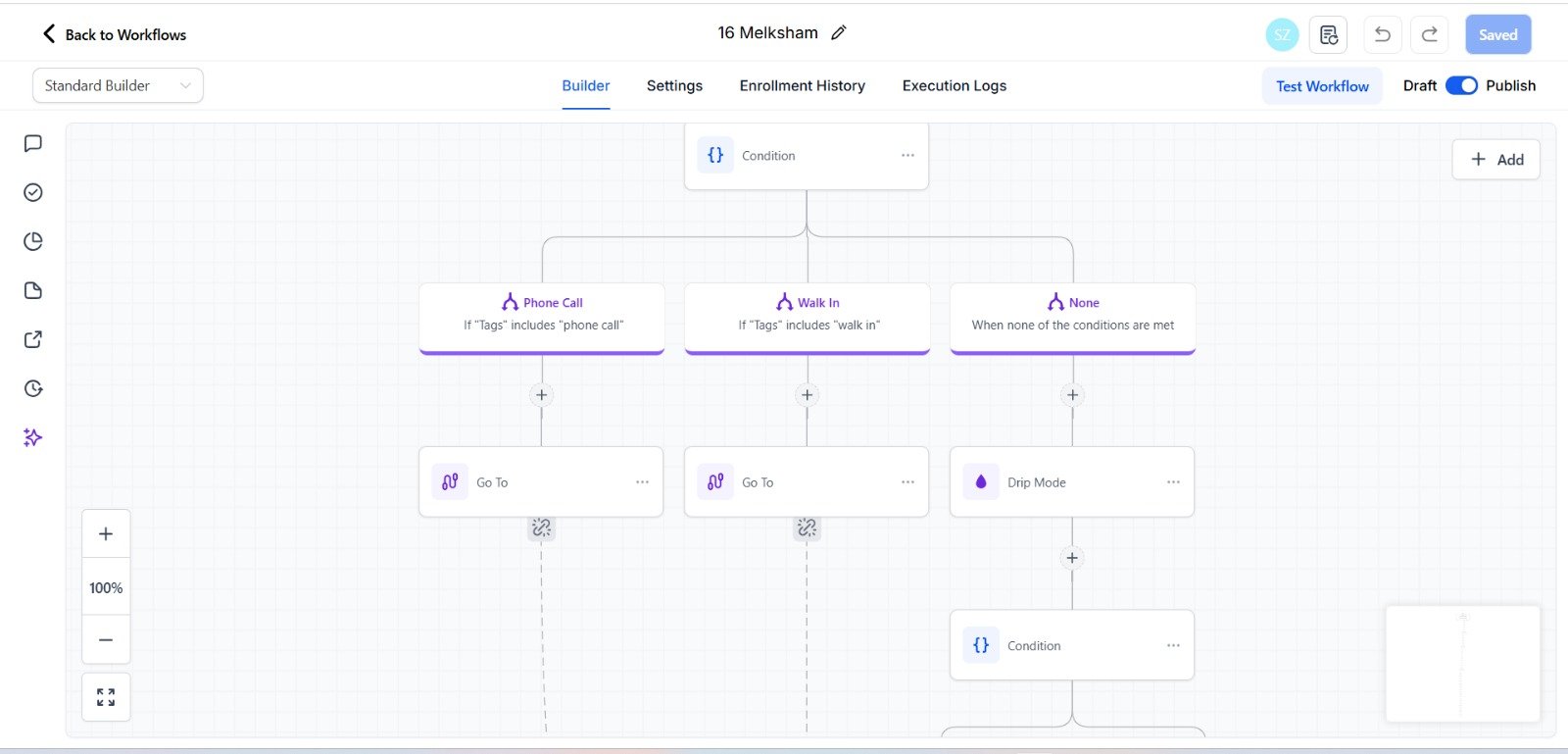 Conditional Follow-Up Logic — Branching conditions send a different message depending on how the lead answered.