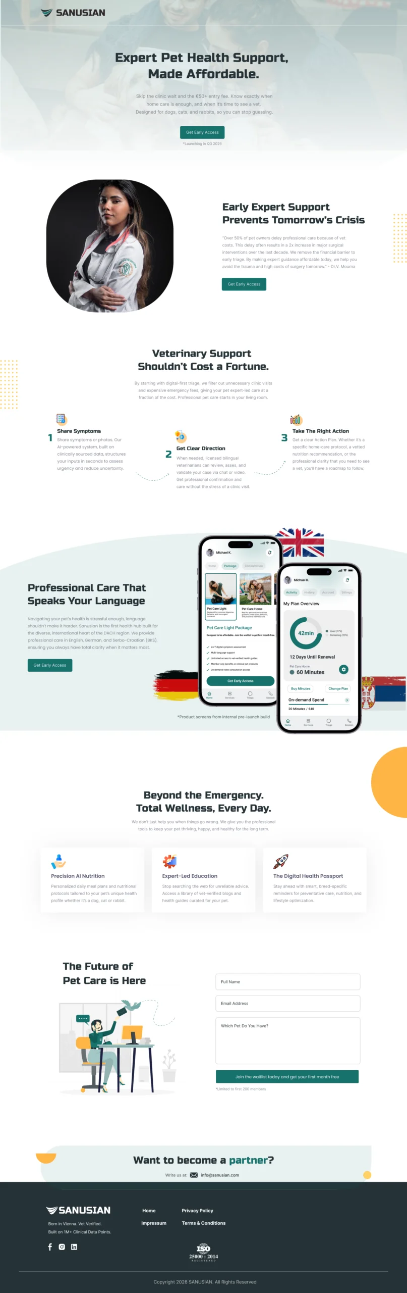 Veterinary Care Website — Clean, reassuring layout for a pet health service, with plan tiers and a direct booking path.
