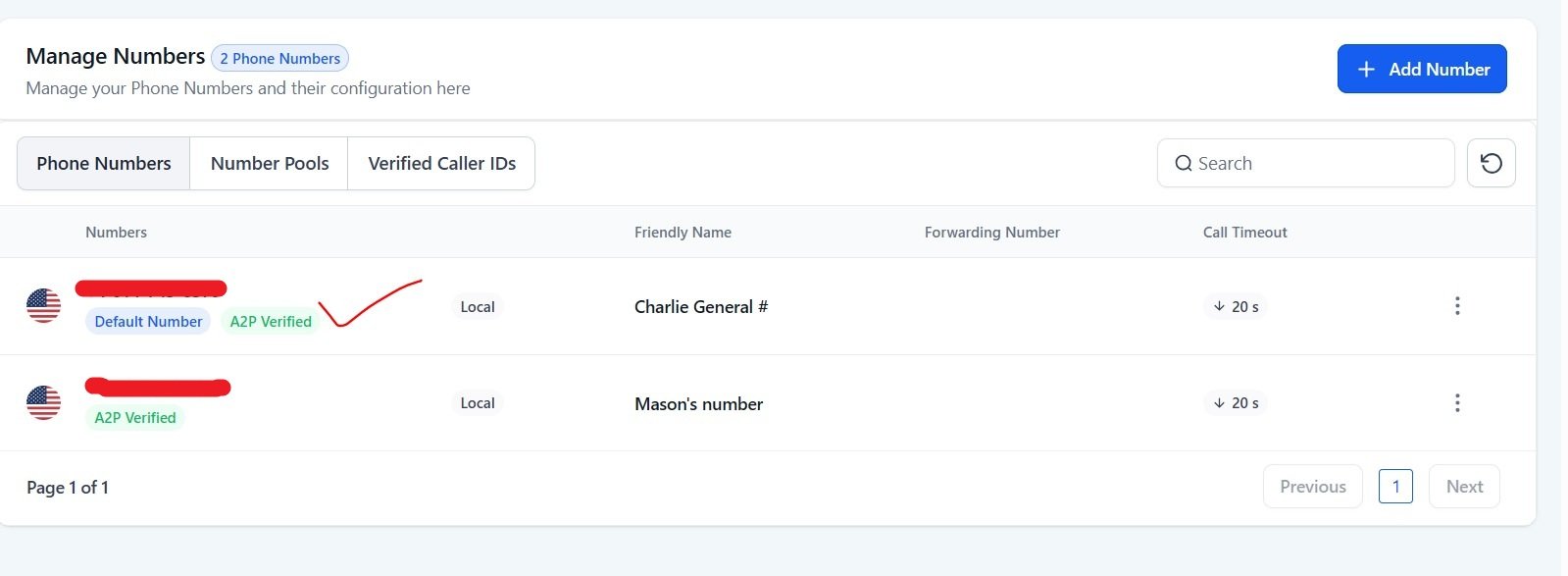 Verified Sending Numbers — Numbers registered against the approved campaign, each one showing verified status.