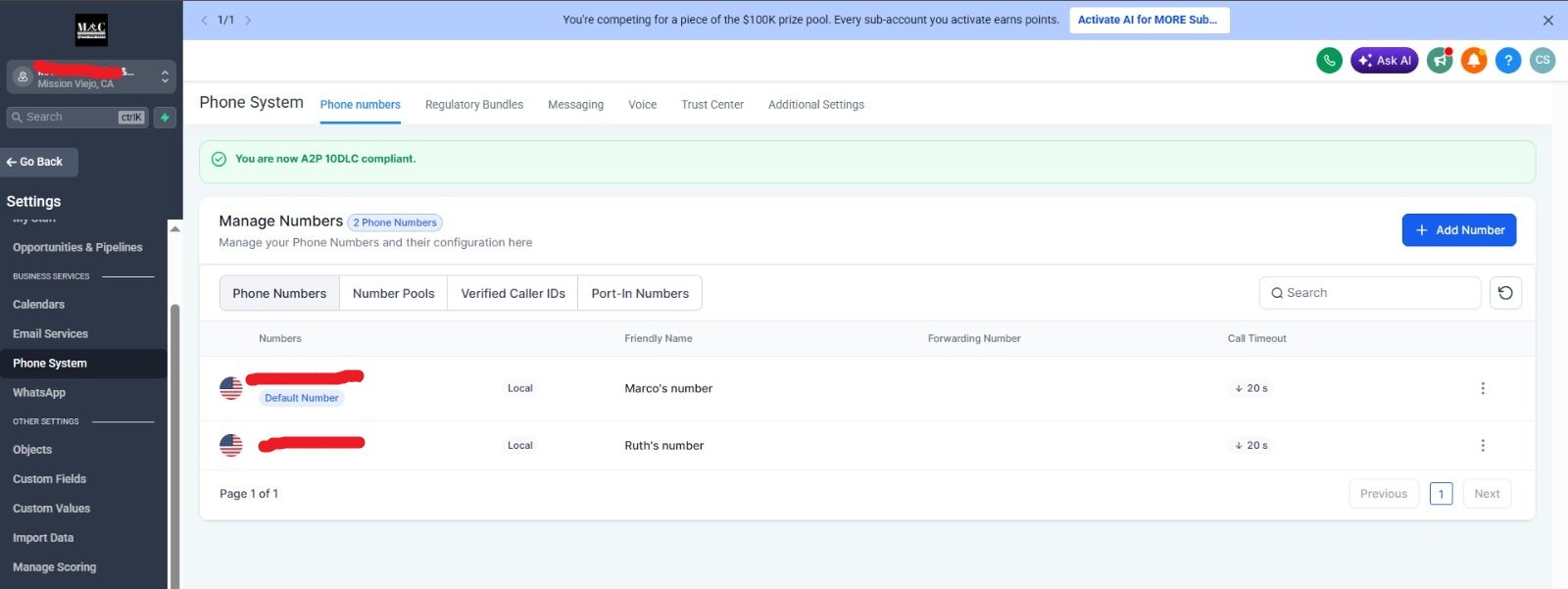 Phone System Compliance Setup — Phone system configured against 10DLC rules — numbers, pools and caller IDs.