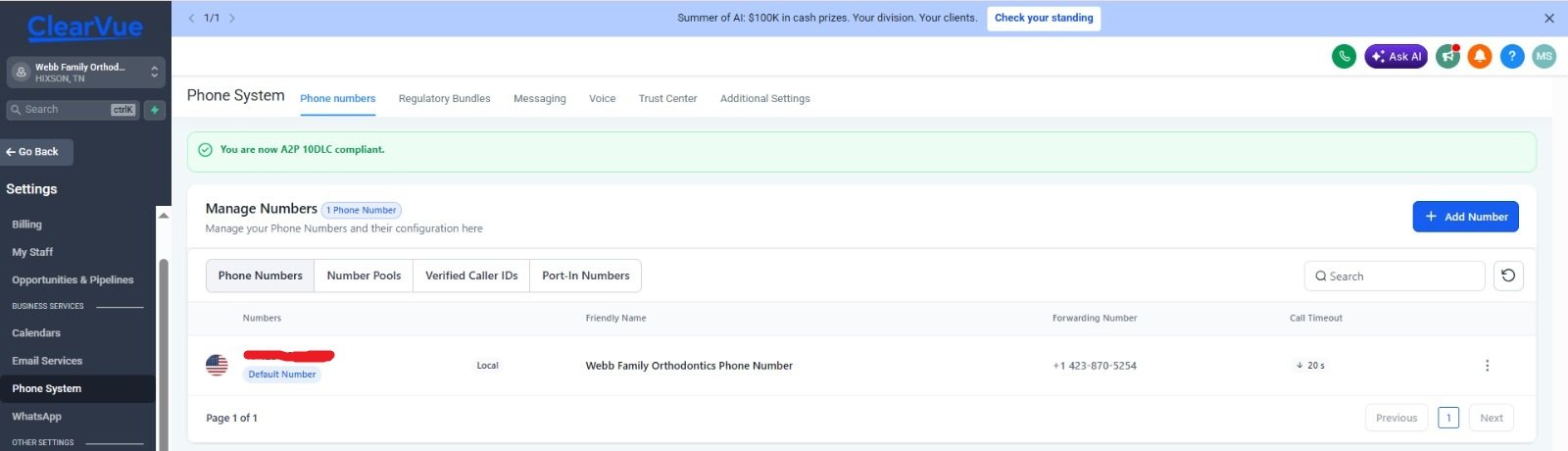Number Pool Configuration — Multi-number setup with forwarding and call timeouts mapped to the team.