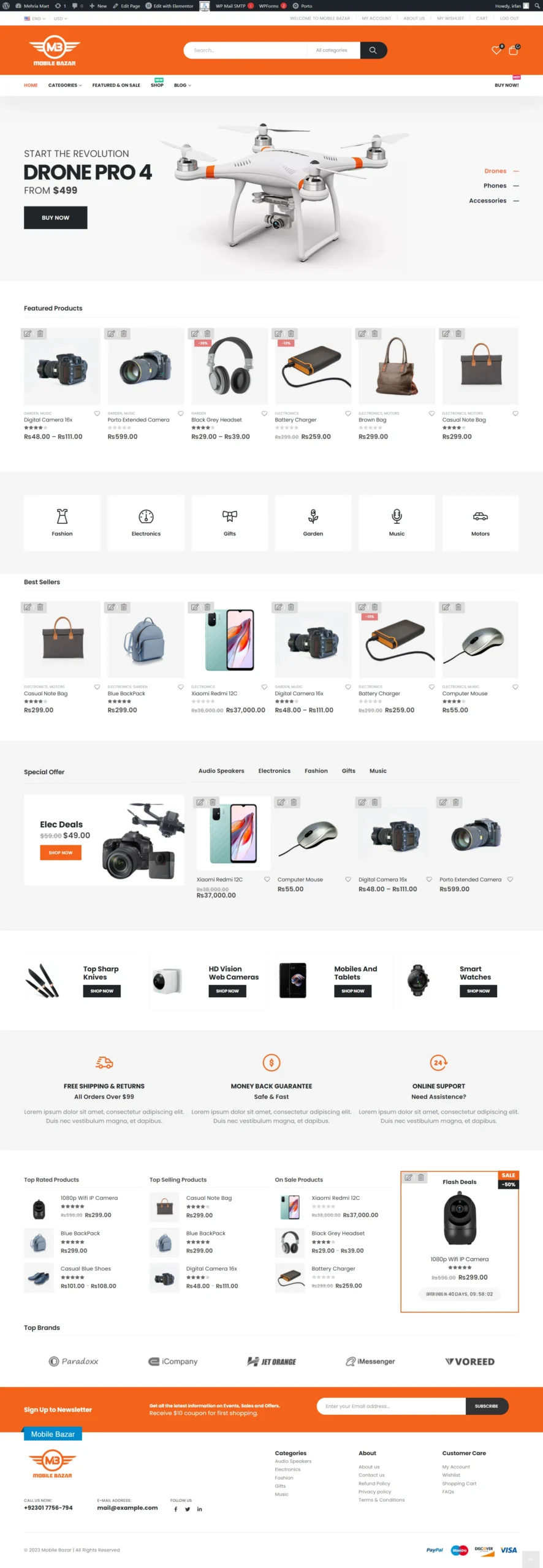 Electronics E-commerce Store — Drone and gadget store with a search-led header and category browsing.