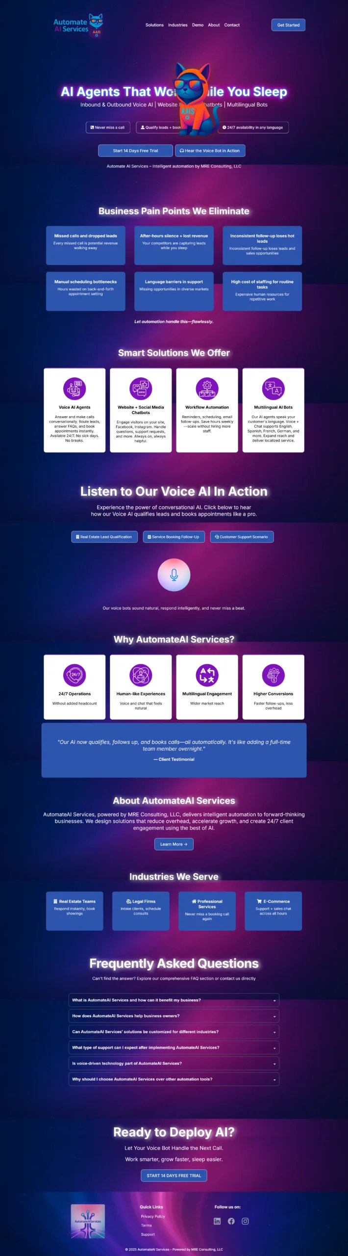 Automate AI Services — Voice agents, multilingual chatbots, free-trial signup and a live bot demo.