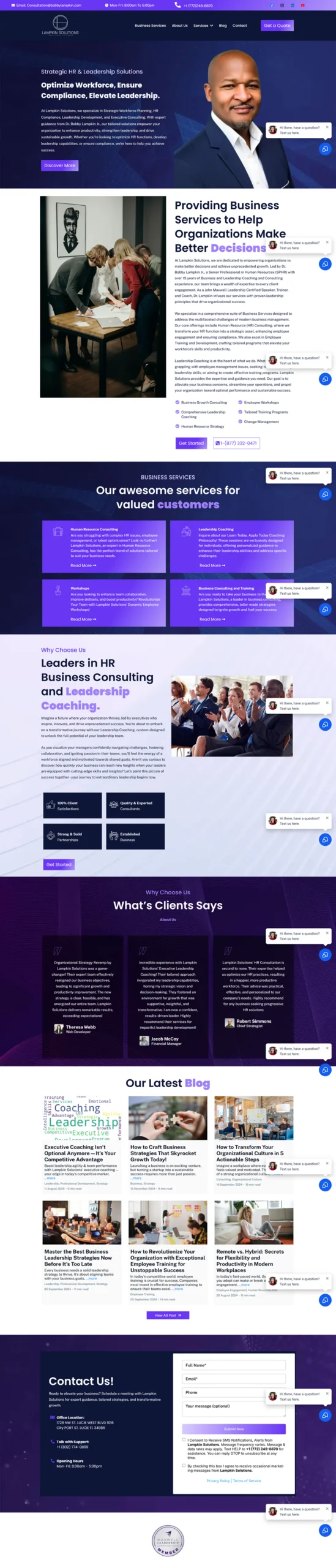 Lampkin Solutions — Consultancy site with service pages and a chat widget that captures enquiries.