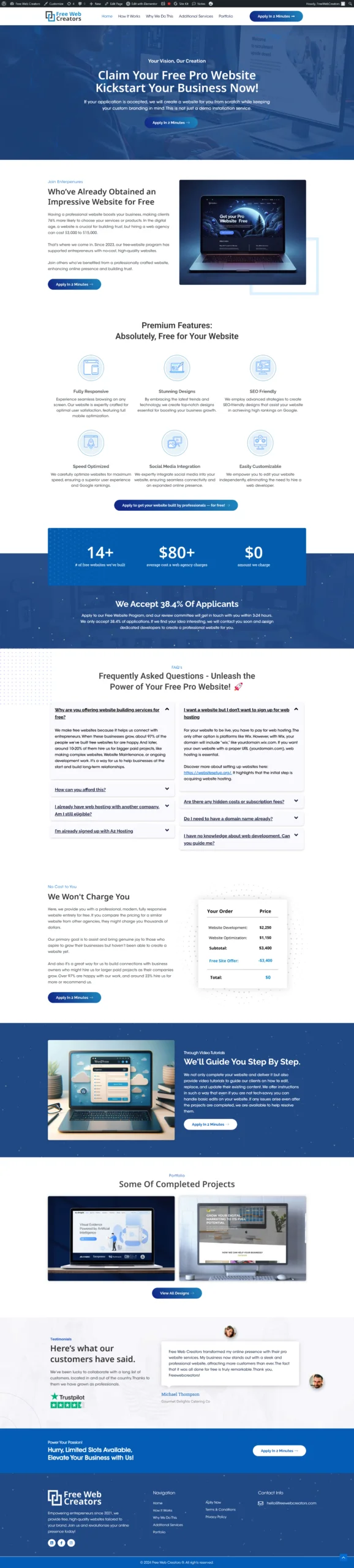 Free Web Creators — Agency site with service pages, portfolio grid and forms feeding the CRM.