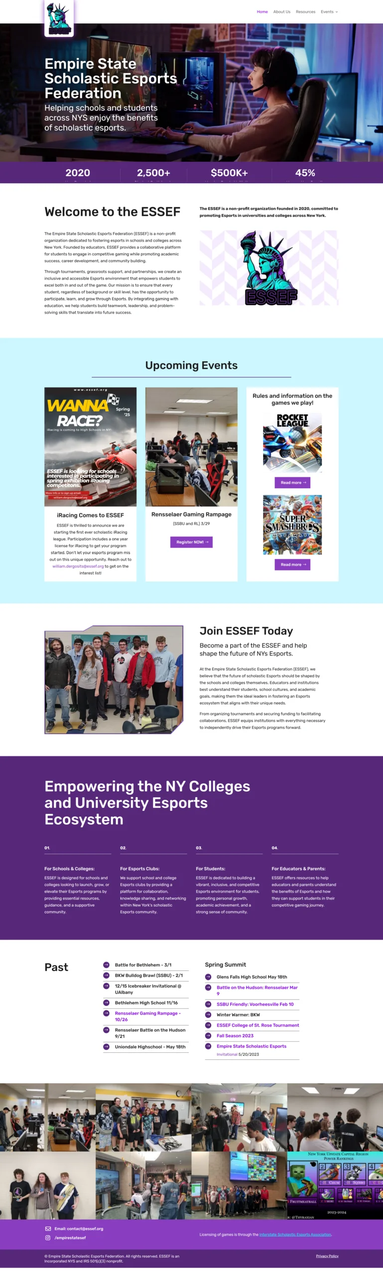 Esports Federation Website — Membership site for a scholastic esports body, with programme stats and school signup.