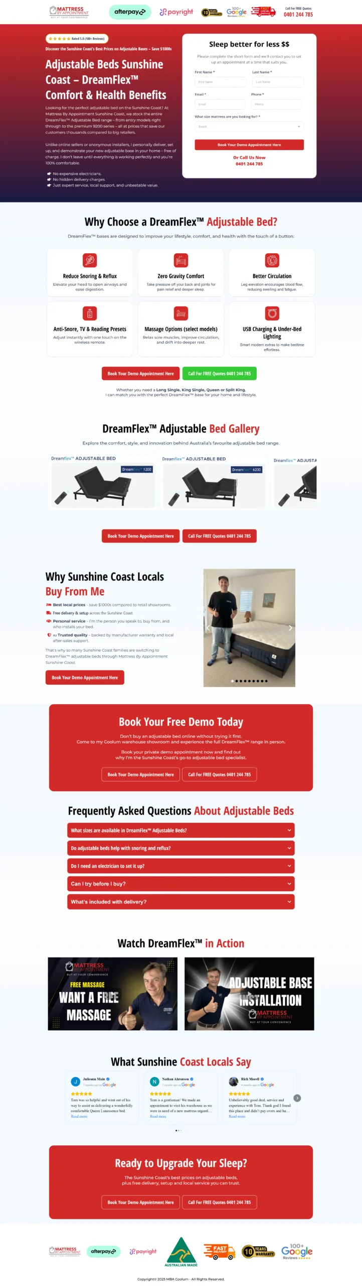 DreamFlex Adjustable Beds — Retail landing page with trust badges and a short in-home demo booking form.