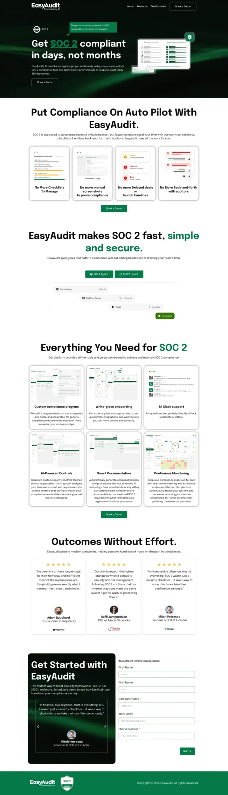 Compliance SaaS Website — SaaS marketing site for a SOC 2 platform — problem framing, product proof and a demo request.
