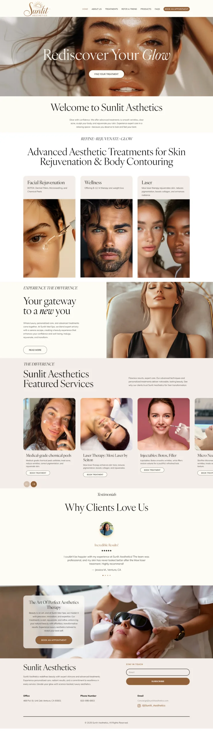 Aesthetics Clinic Website — Treatment-led site for a skin and body clinic, with service categories and consultation booking.
