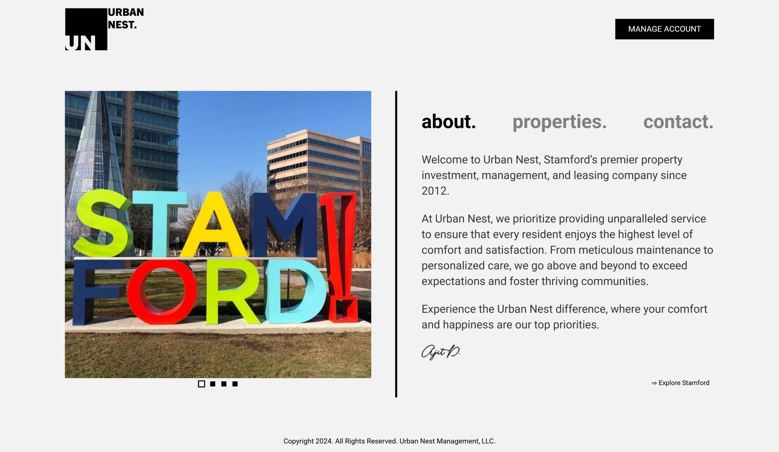 Property Management Website — Minimal editorial layout for a property firm — about, portfolio and contact in one calm scroll.
