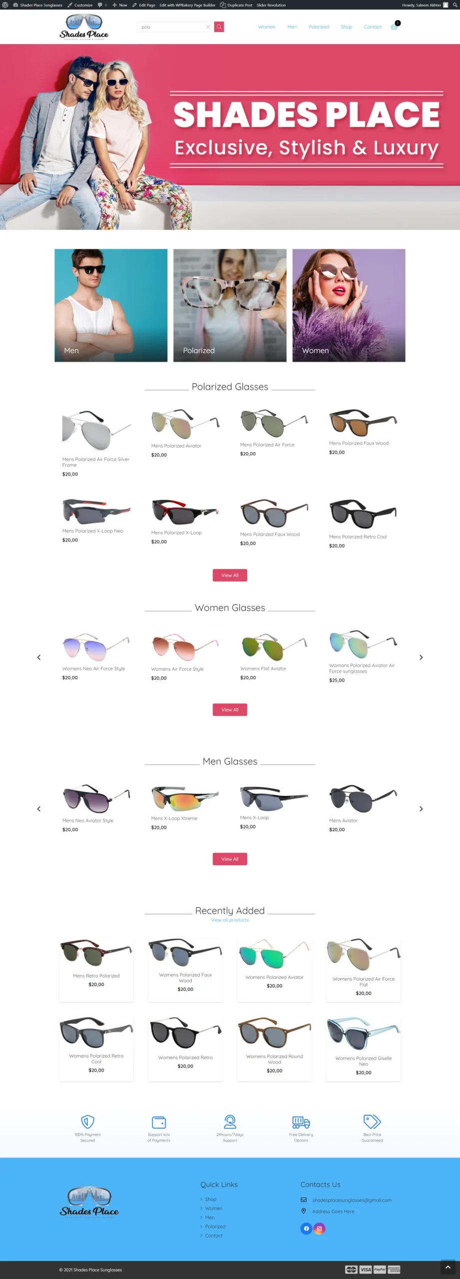 Eyewear E-commerce Store — Sunglasses store with a filtered product grid, offers strip and cart.